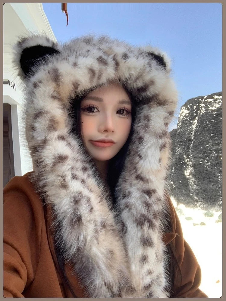 Y2k Aesthetic Kawaii Scarf Hat Faux Fur Cute Autumn Winter Japanese Keep Warm Punk Patchwork Cap Ears Christmas 2025 Women Hats
