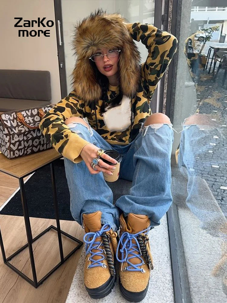 Fashion Street Faux Fur Hat Ear-flapped Women Plush Warm Lace Up Female Hats 2025 Winter Lady Y2k Streetwear New