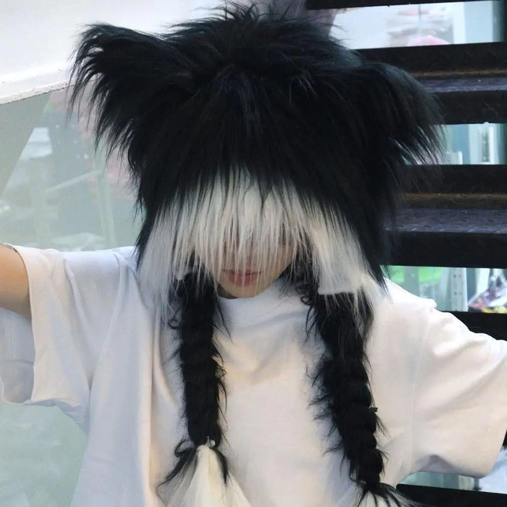 1PC Y2K Cosplay Cat Ear Plush Hat Long Plush Fox Ear Double Braid Cap Fashion Versatile Anime Fall Winter Cap Anime Accessories