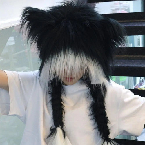 1PC Y2K Cosplay Cat Ear Plush Hat Long Plush Fox Ear Double Braid Cap Fashion Versatile Anime Fall Winter Cap Anime Accessories