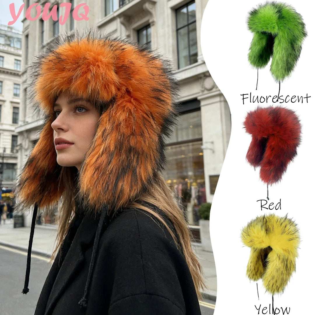 Y2K Fluffy Popular Russian Female Round Earflap Cap Faux Fur Winter Warm Hat For Women Faux Fox Raccoon Fur Beanies Bomber Gorra