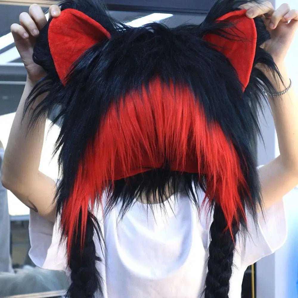 1PC Y2K Cosplay Cat Ear Plush Hat Long Plush Fox Ear Double Braid Cap Fashion Versatile Anime Fall Winter Cap Anime Accessories