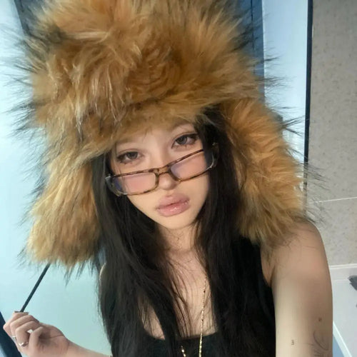 Fashion Fluffy Russian Hat Female Faux Fur Hats Winter Hats For Women Y2K Faxu Fox Fur Beanies Bomber Hat Earflap Hat Ushanka