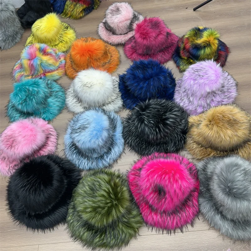 Winter Warm Plush Hats for Women Furry Fake Raccoon Fur Bucket Hat Fashion Oversized Punk Hat Y2K Girl Outdoor Fluffy Fur Hats